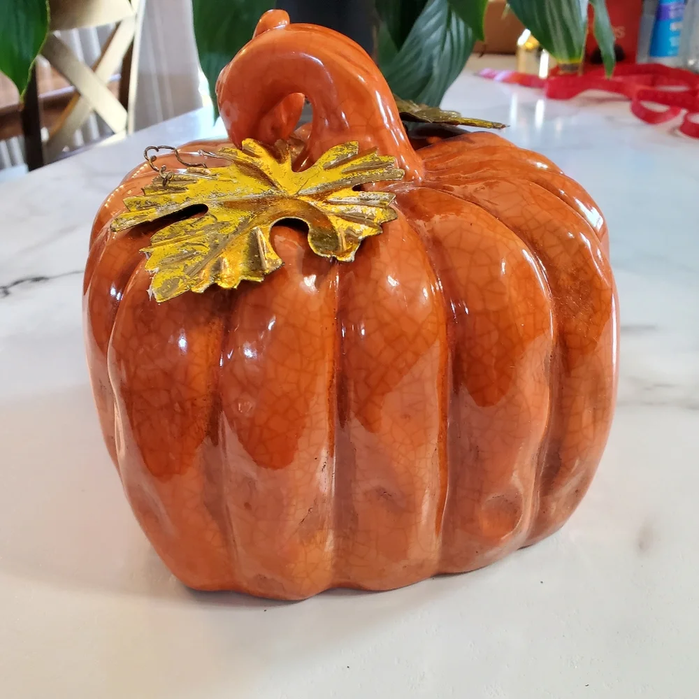 Ceramic Pumpkin with metal leaves